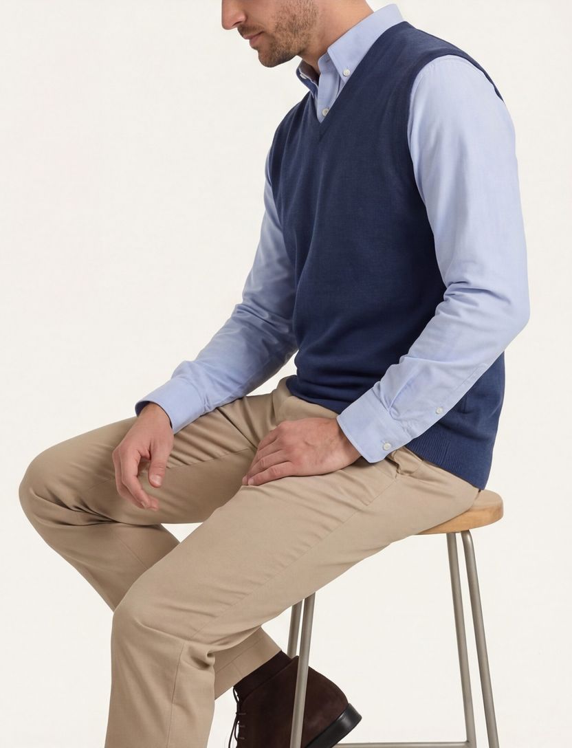 Casa Moda slipover met v-hals navy effen katoen