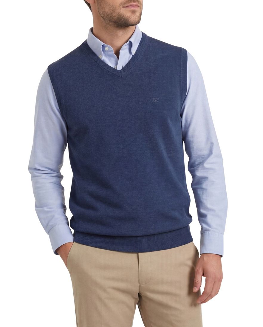 Casa Moda slipover v-hals donkerblauw effen katoen