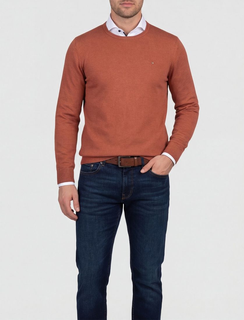 Portofino trui ronde hals oranje/bruin effen 100% katoen