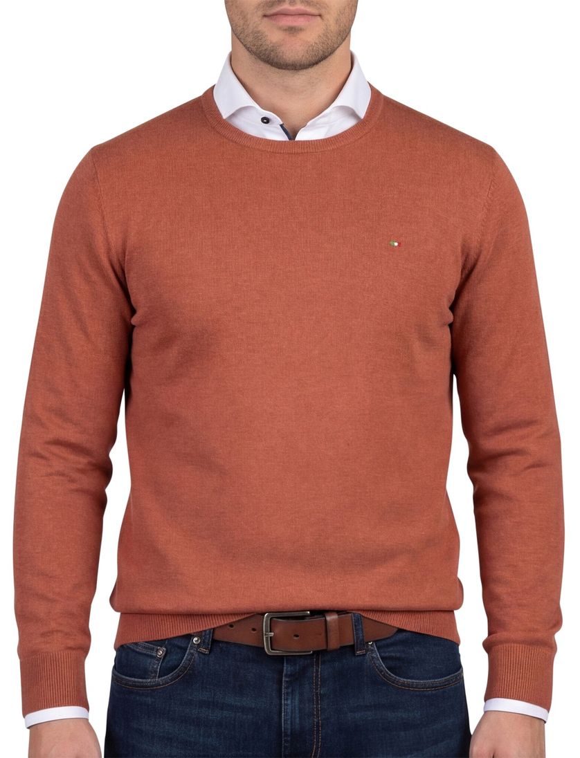 Portofino trui ronde hals oranje/bruin effen 100% katoen