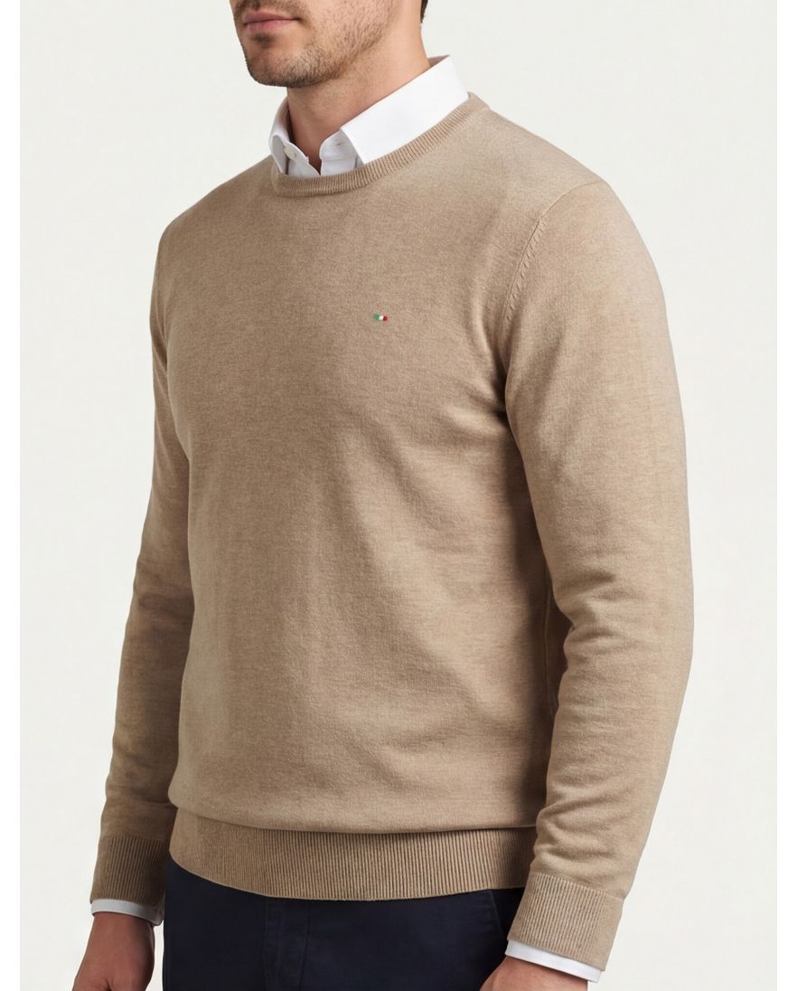 Porfofino trui ronde hals beige normale fit 100% katoen effen