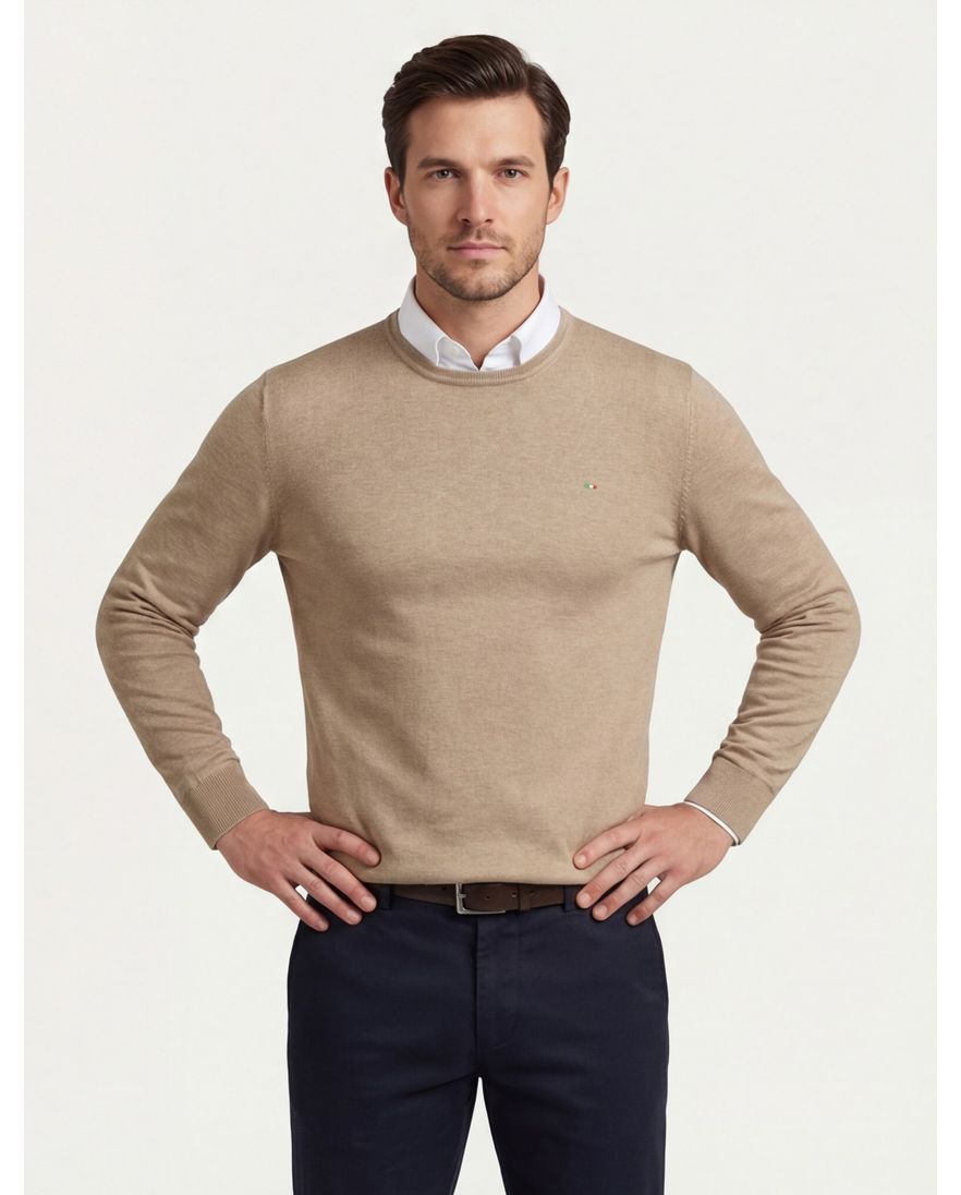 Porfofino trui ronde hals beige normale fit 100% katoen effen