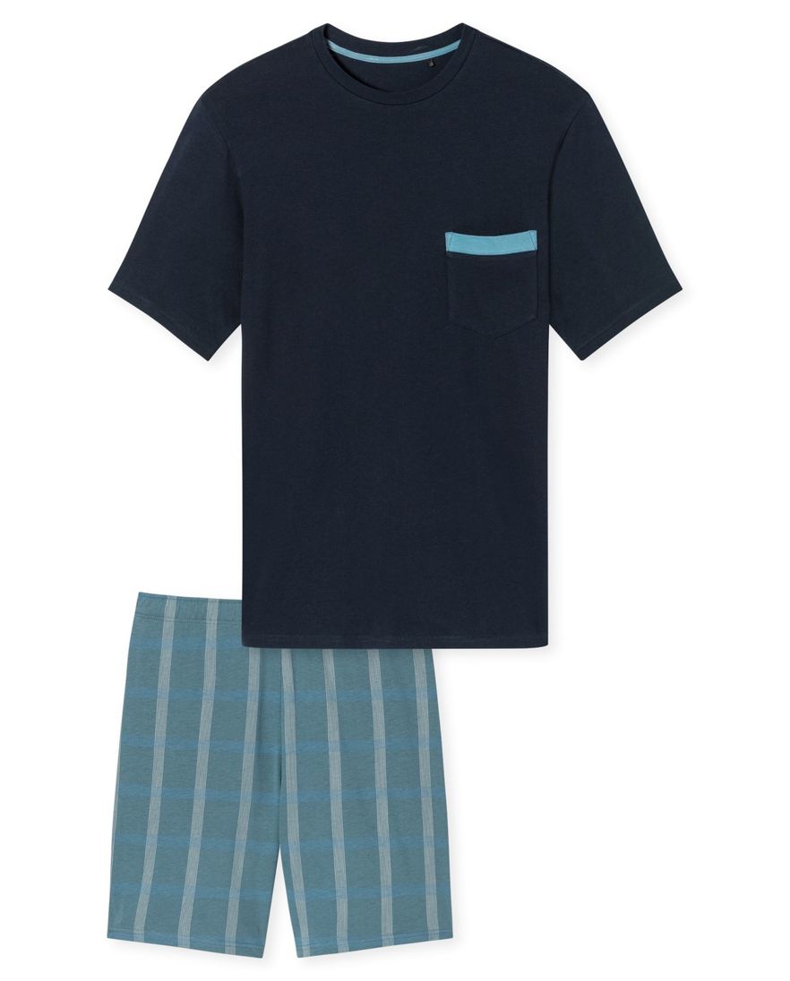 Schiesser shortama donkerblauw effen en geruit Comfort Nightwear