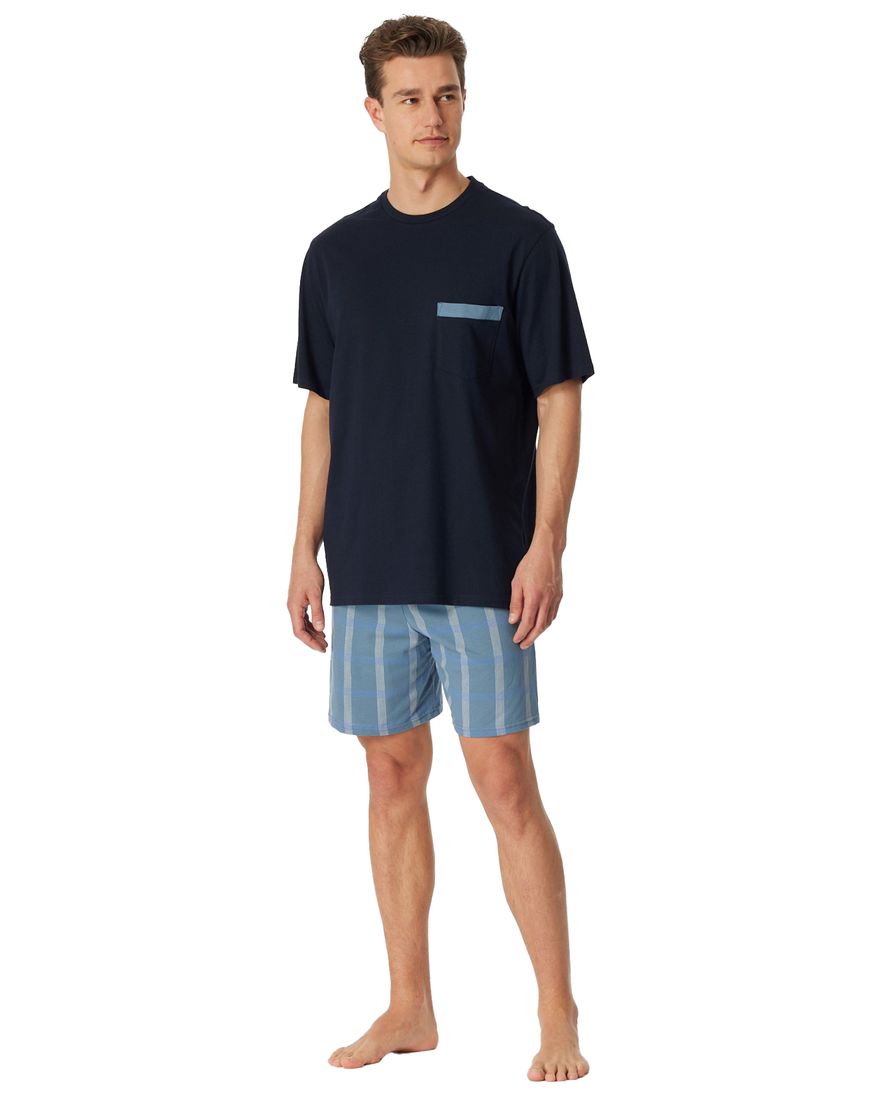 Schiesser shortama donkerblauw effen en geruit Comfort Nightwear