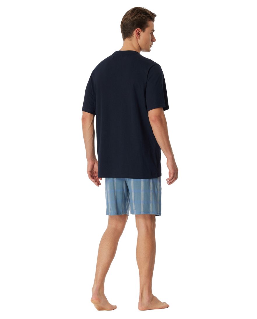 Schiesser shortama donkerblauw effen en geruit Comfort Nightwear
