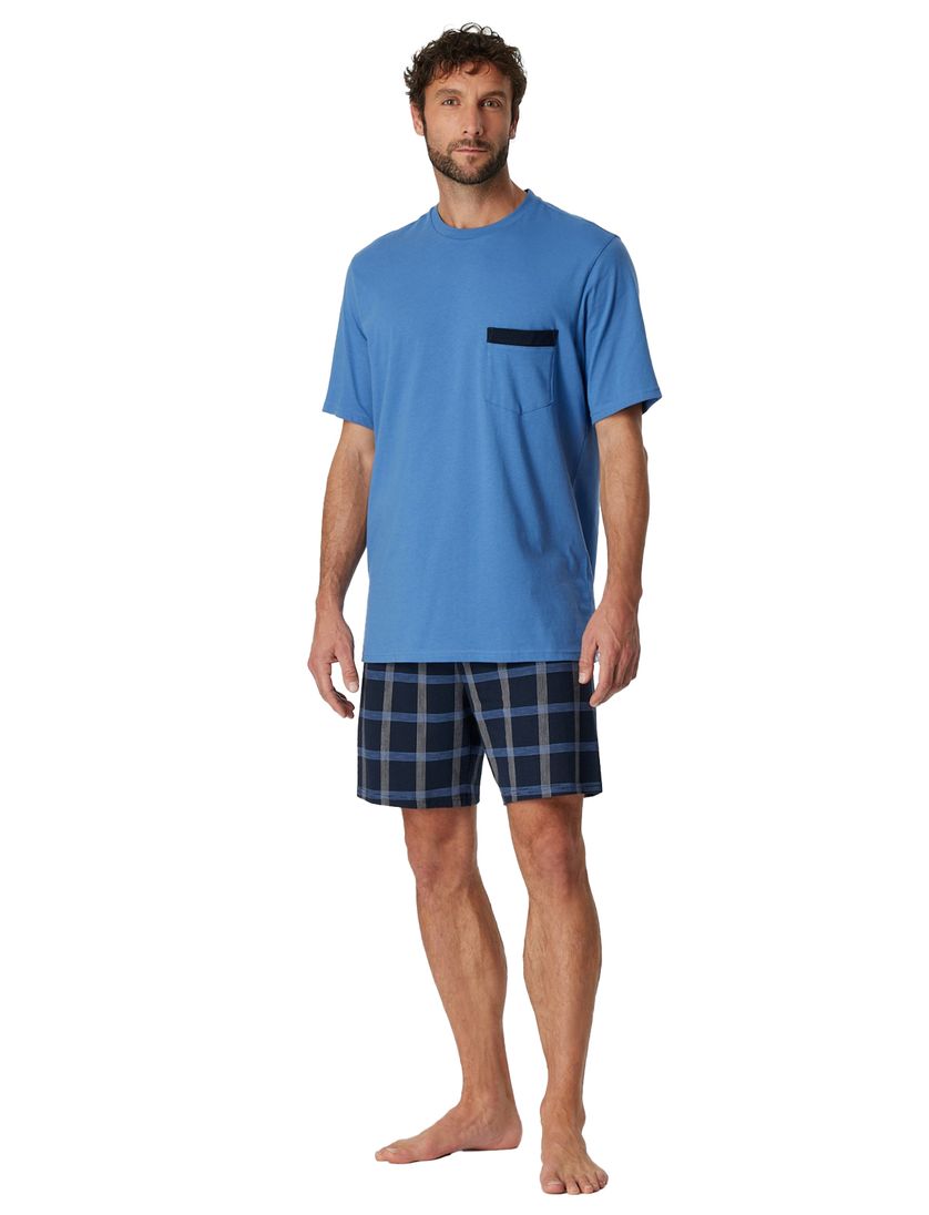 Blauwe shortama Schiesser geruit katoen