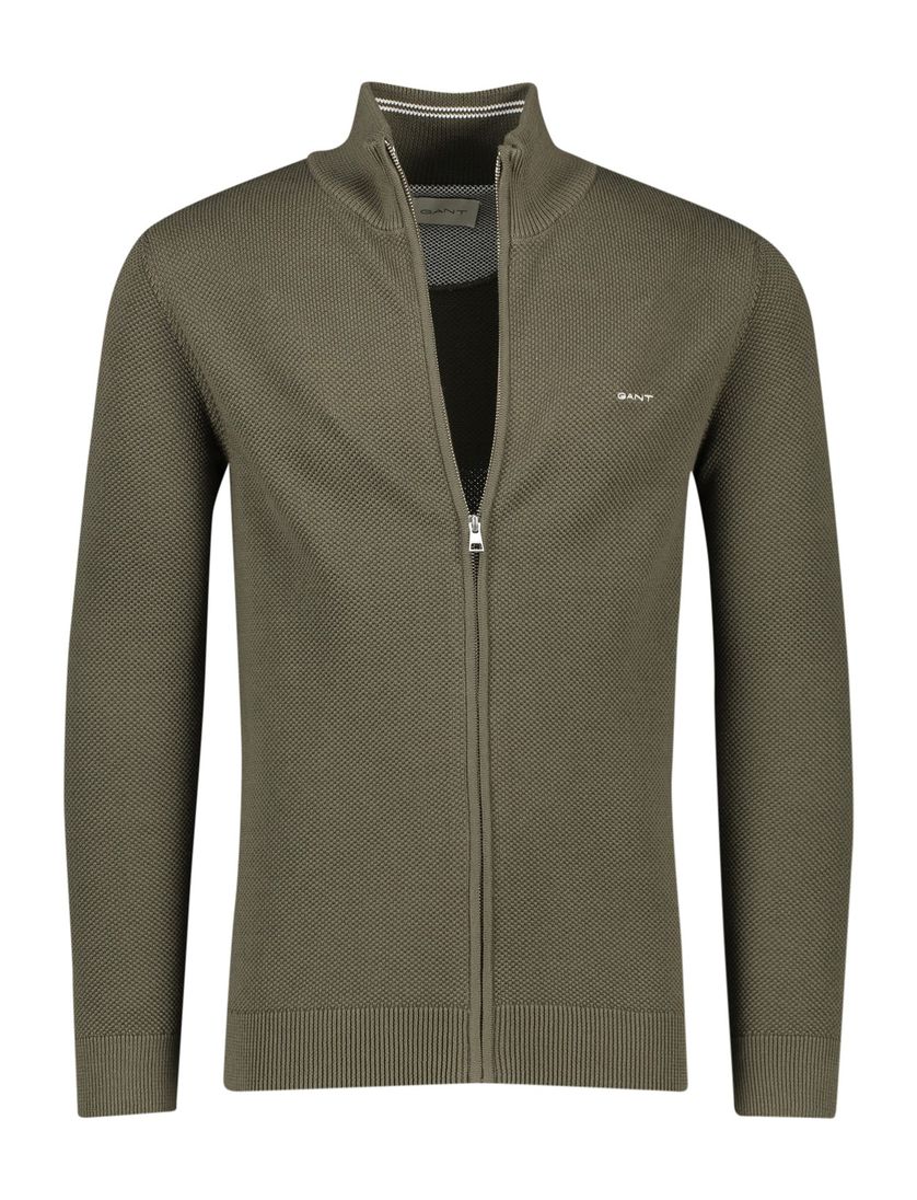 Gant vest groen rits effen 100% katoen opstaande kraag