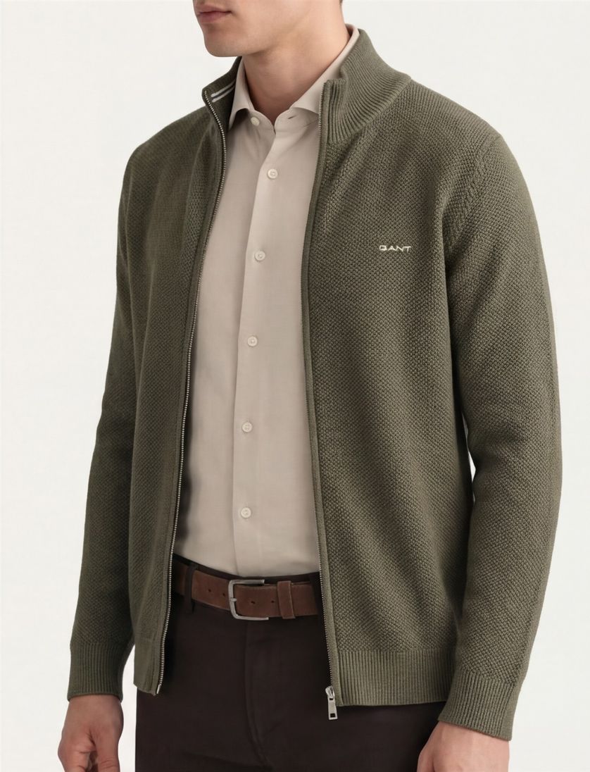 Gant vest groen rits effen 100% katoen opstaande kraag