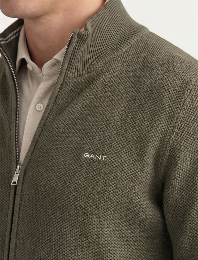 Gant vest groen rits effen 100% katoen opstaande kraag