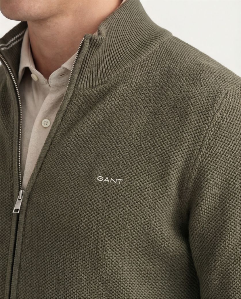 Gant vest groen rits effen 100% katoen opstaande kraag