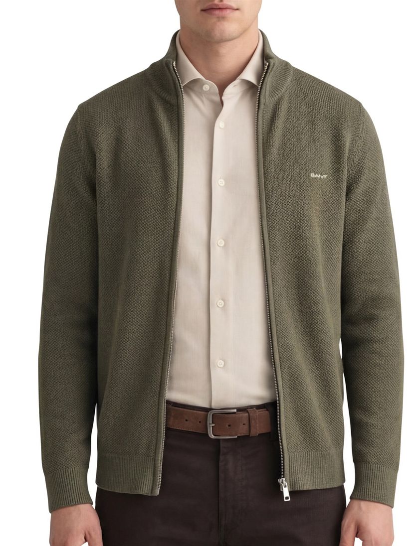 Gant vest groen rits effen 100% katoen opstaande kraag