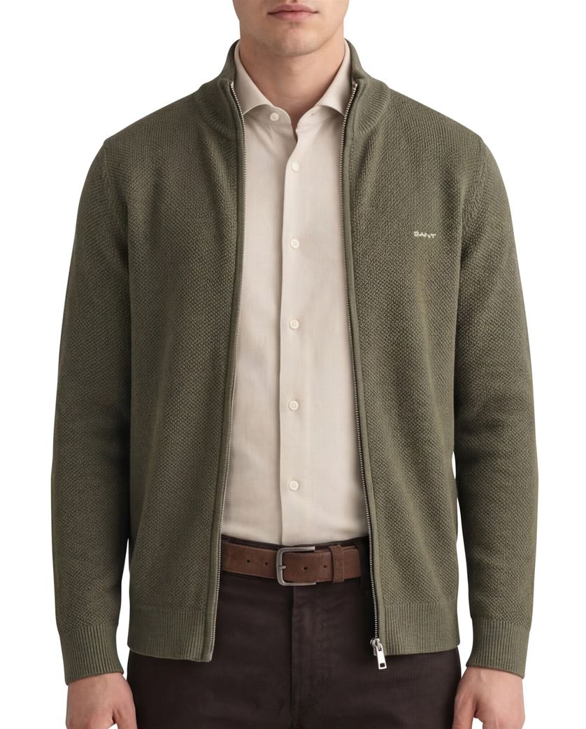 Gant vest groen rits effen 100% katoen opstaande kraag