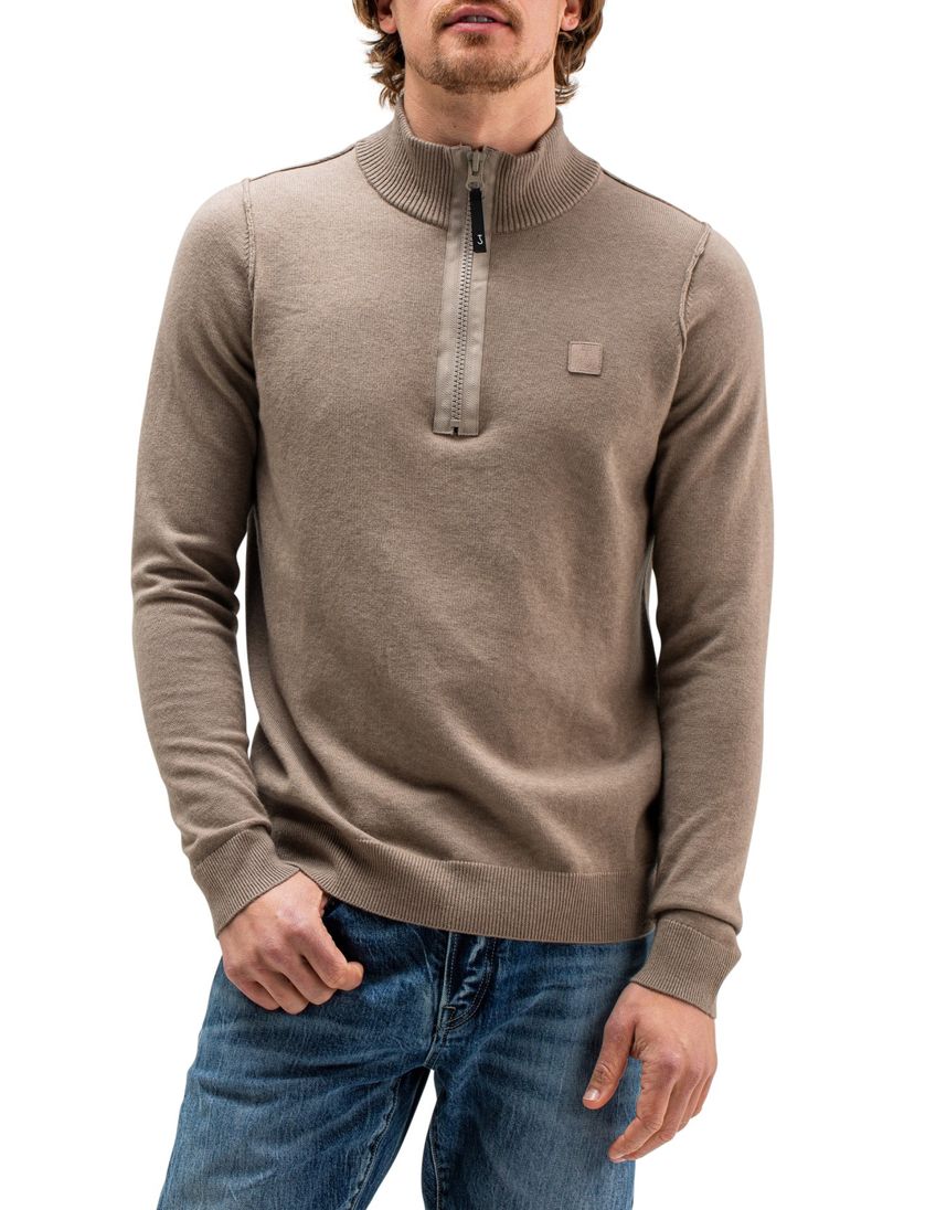 Butcher of Blue trui bruin opstaande rits wol halfzip