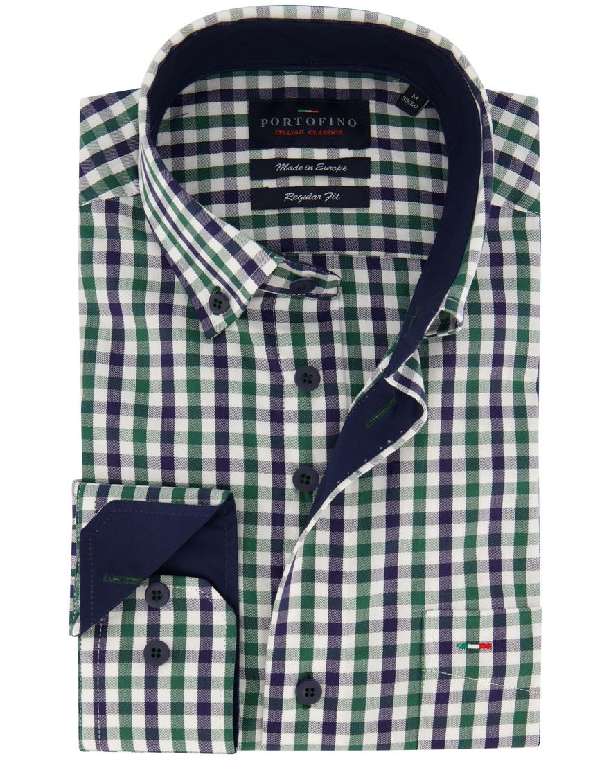 Katoenen Portofino overhemd regular fit blauw geruit