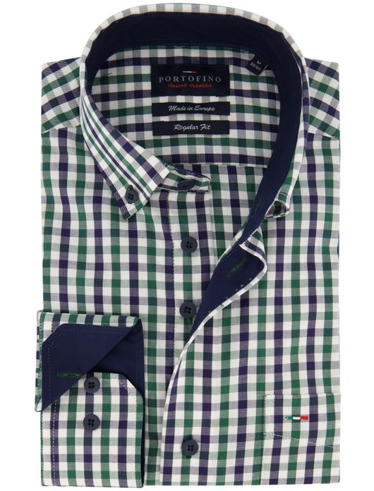 Portofino Overhemd blauw groen geruit regular fit