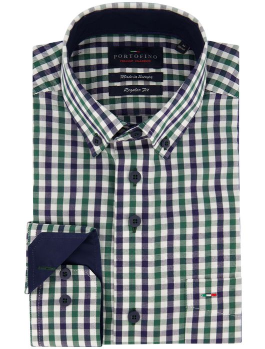 Portofino Overhemd blauw groen geruit regular fit