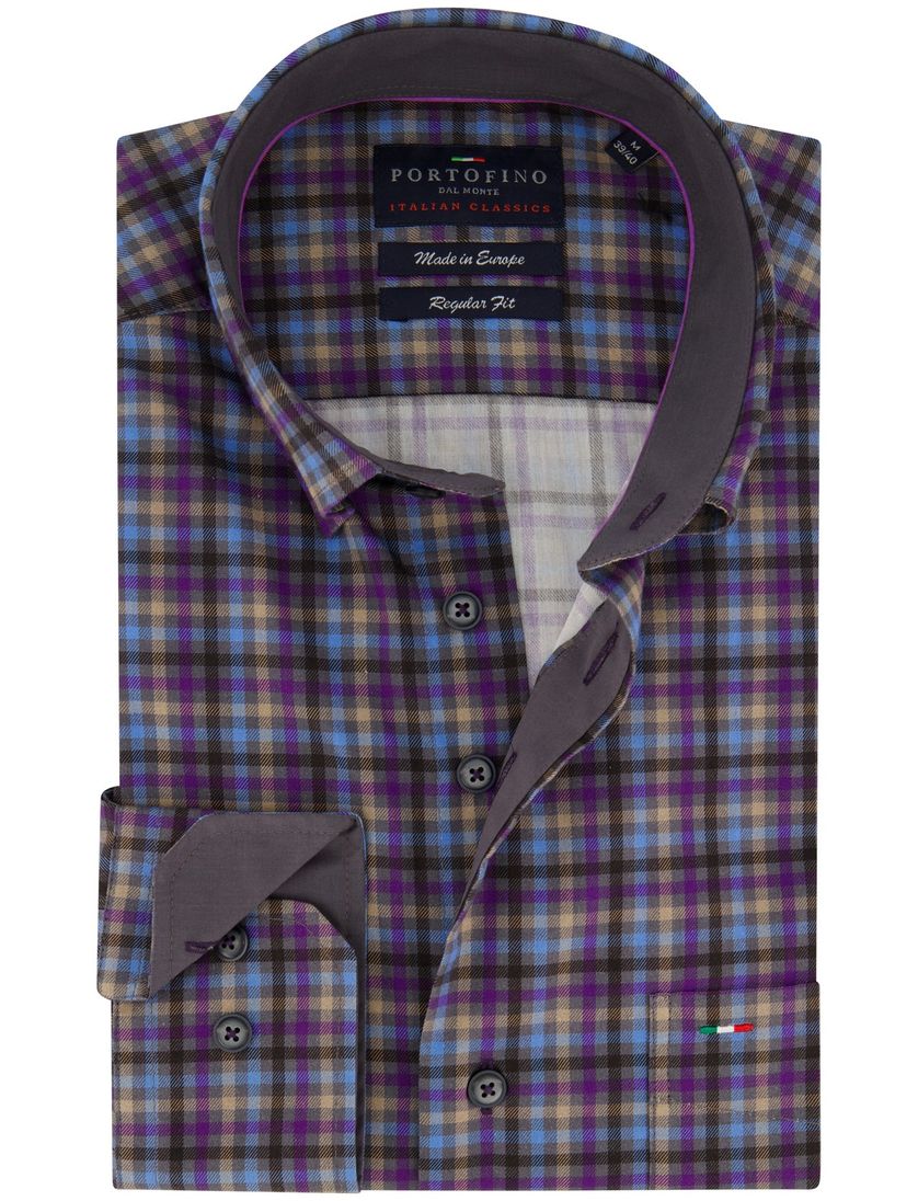 Portofino overhemd geruit regular fit paars katoen