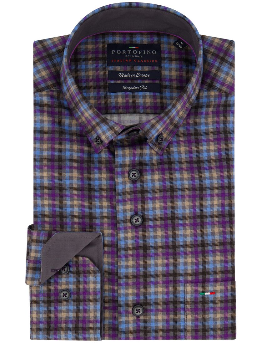 Portofino overhemd geruit regular fit paars katoen