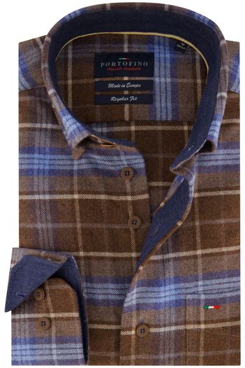 Portofino Portofino overhemd bruin geruit regular fit katoen