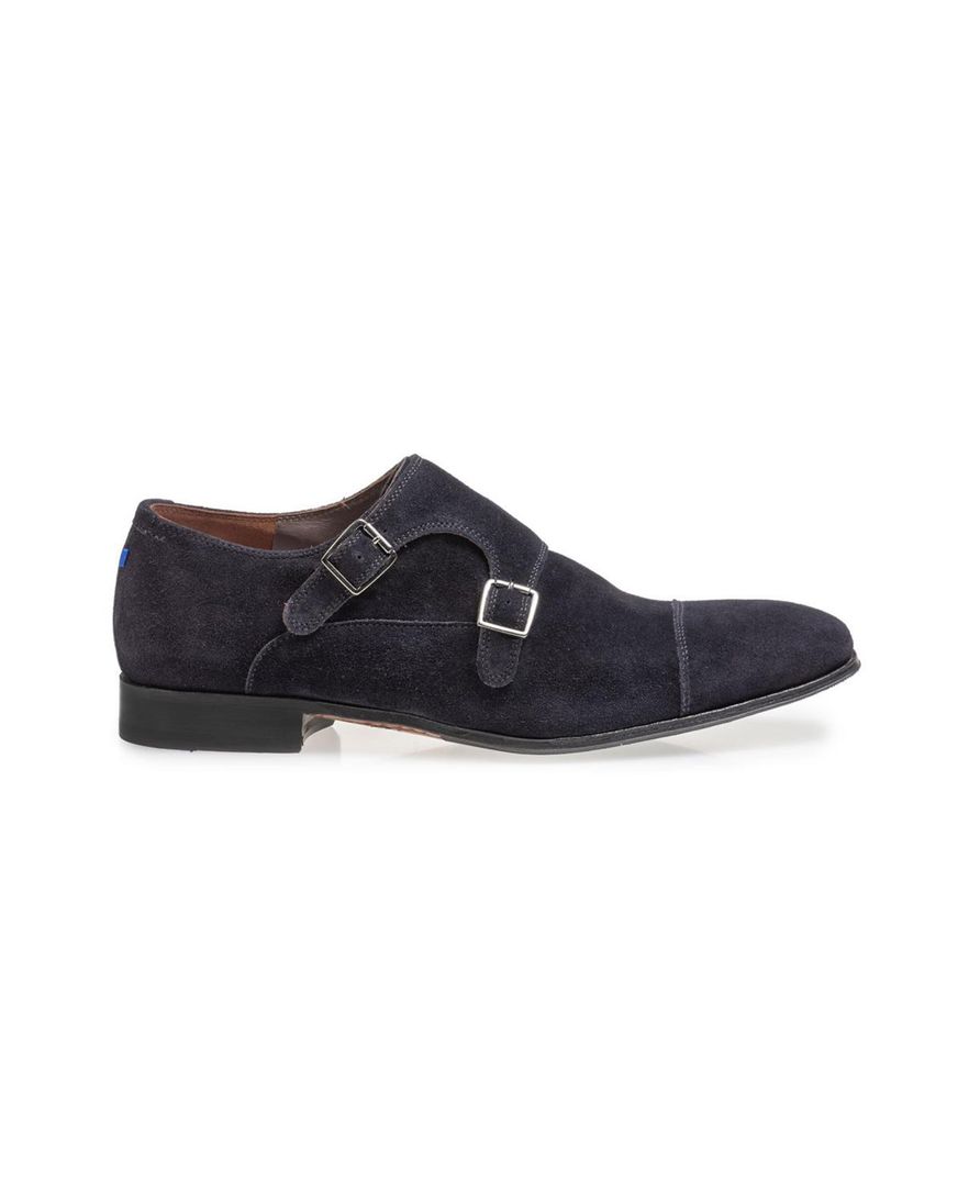 Floris van Bommel nette schoenen donkerblauw effen leer suede met gesp