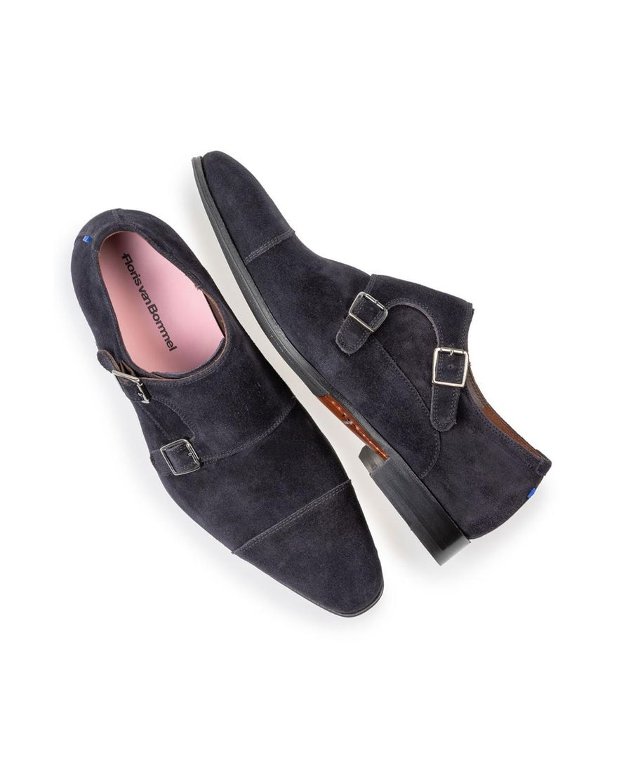 Floris van Bommel nette schoenen donkerblauw effen leer suede met gesp