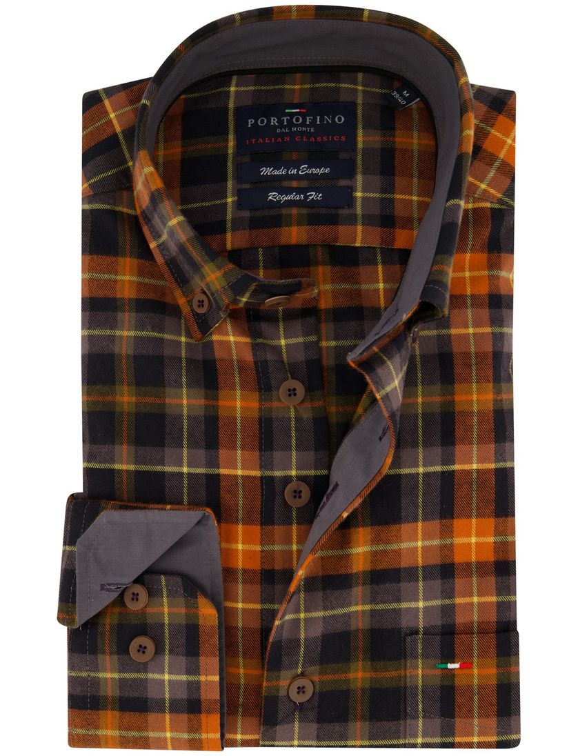 Portofino overhemd oranje geel bruin geruit regular fit
