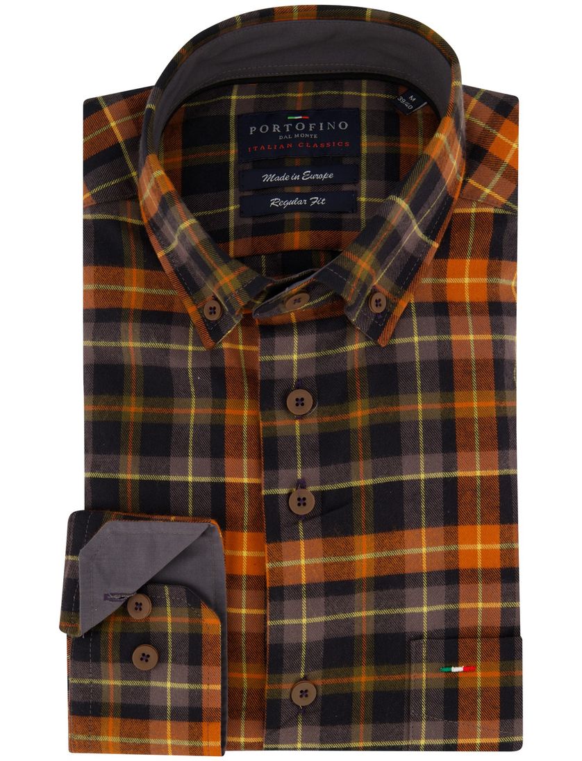 Portofino overhemd oranje geel bruin geruit regular fit