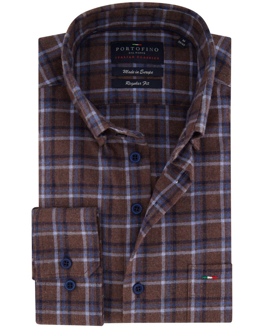 Portofino overhemd bruin blauw geruit regular fit