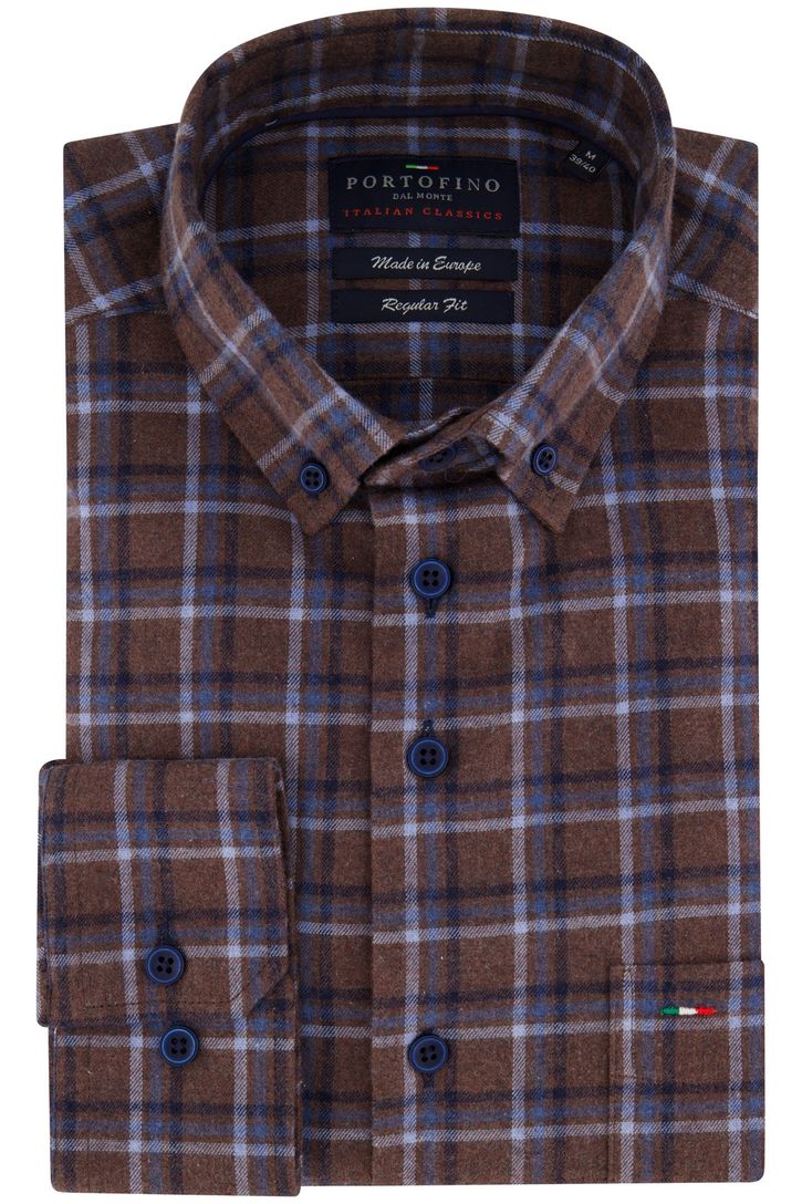 Portofino overhemd bruin blauw geruit regular fit