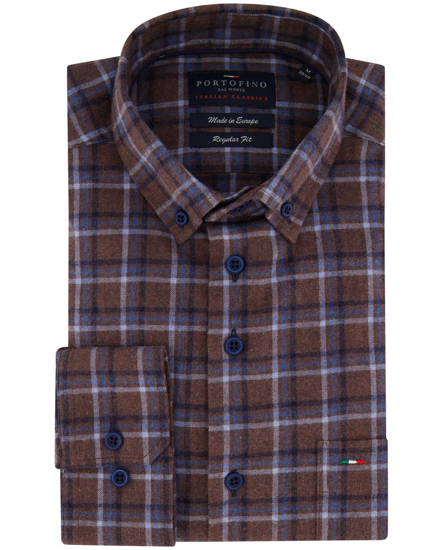 Portofino overhemd bruin blauw geruit regular fit