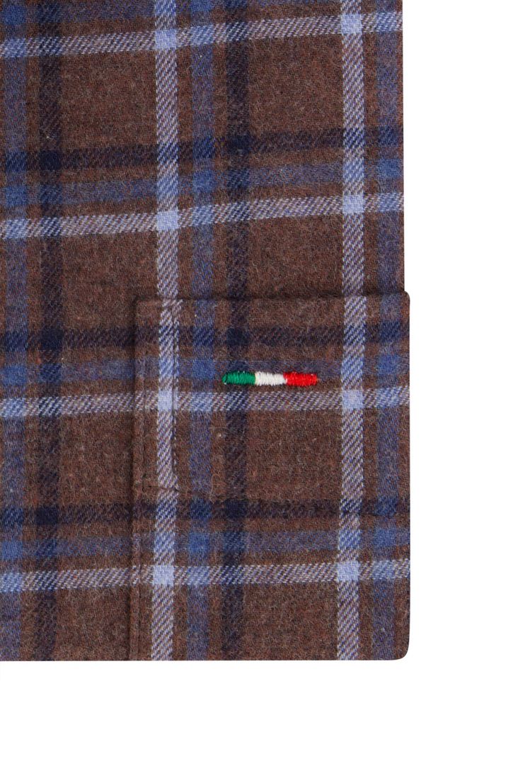 Portofino overhemd bruin blauw geruit regular fit