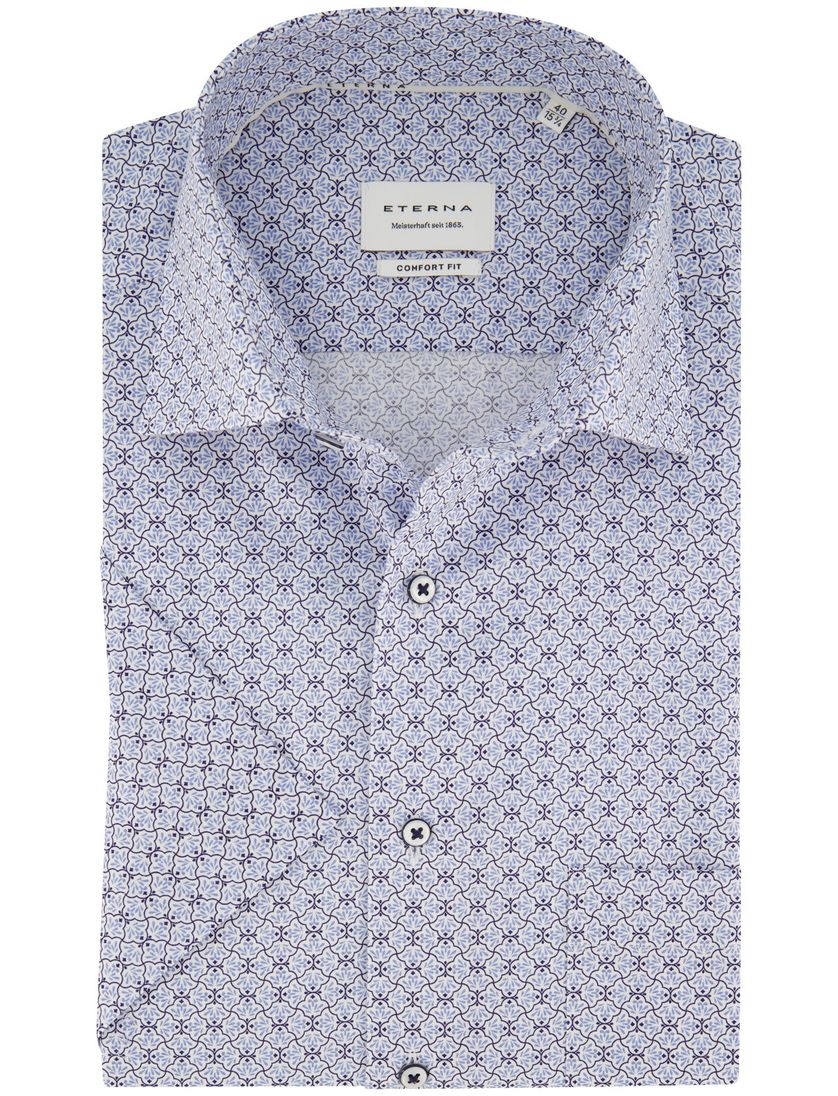 Overhemd blauw korte mouw Comfort Fit geprint Eterna