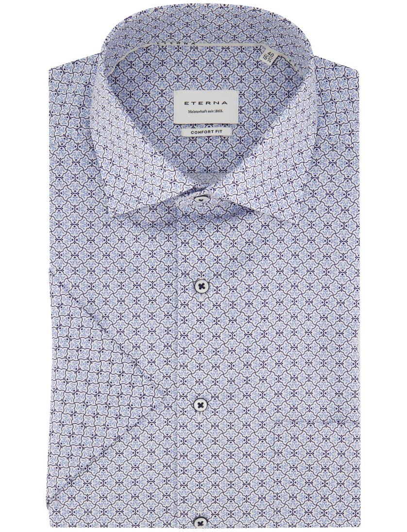 Overhemd blauw korte mouw Comfort Fit geprint Eterna