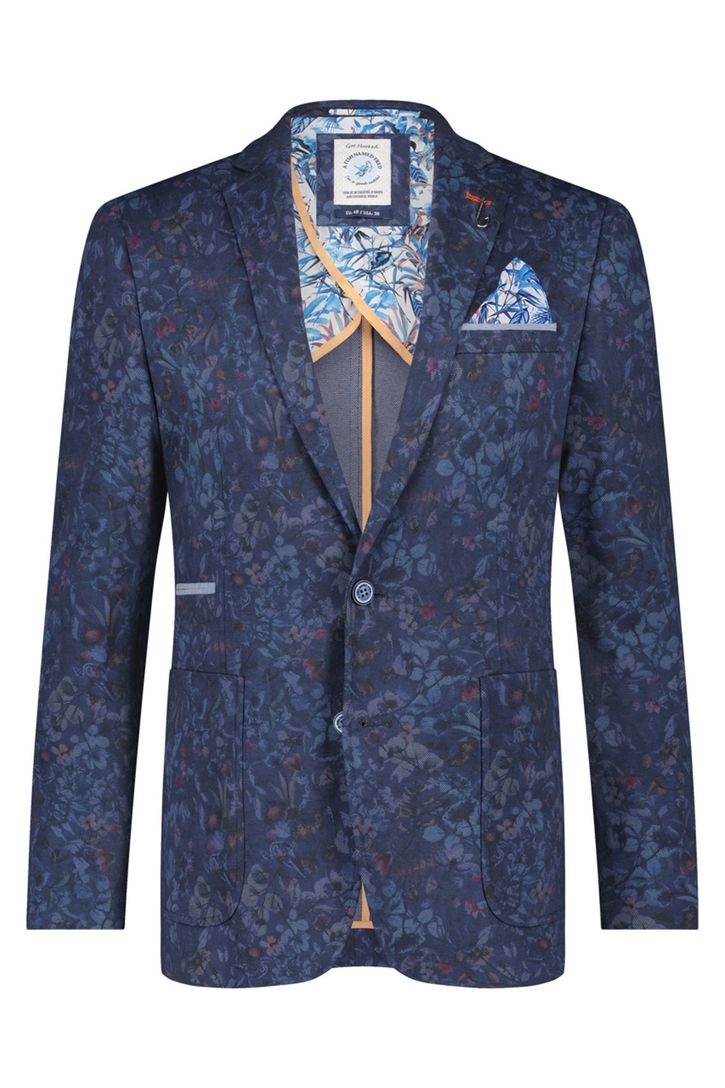 Donkerblauw geprint A Fish Named Fred slim fit colbert katoen