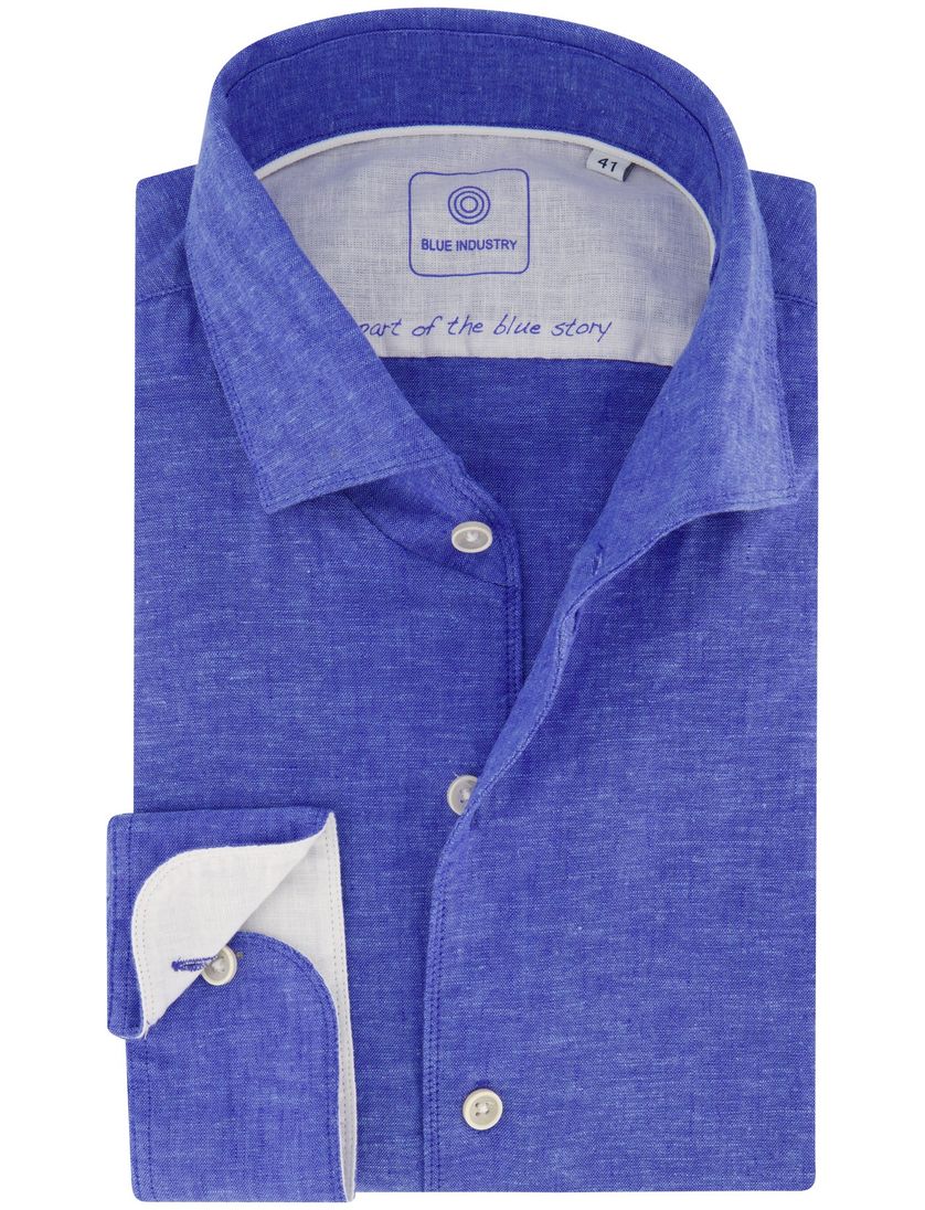 Blue Industry linnen overhemd blauw gemêleerd slim fit