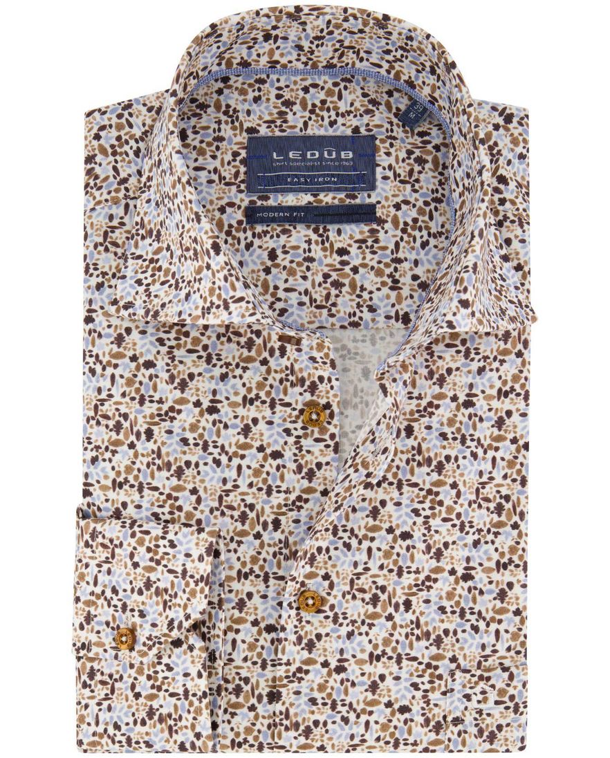 Ledub overhemd print bruin blauw modern fit