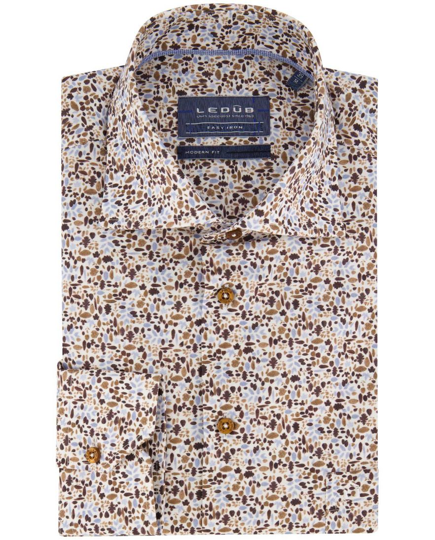 Ledub overhemd print bruin blauw modern fit