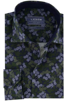 Ledub Ledub overhemd katoen mouwlengte 7 normale fit groen blauw blaadjes