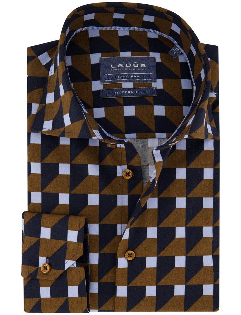 Bruin blauw printje Ledub overhemd modern fit