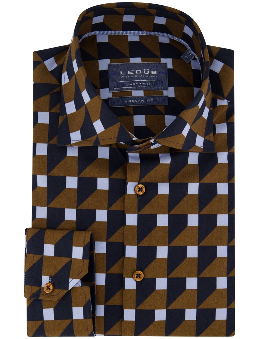 Bruin blauw printje Ledub overhemd modern fit