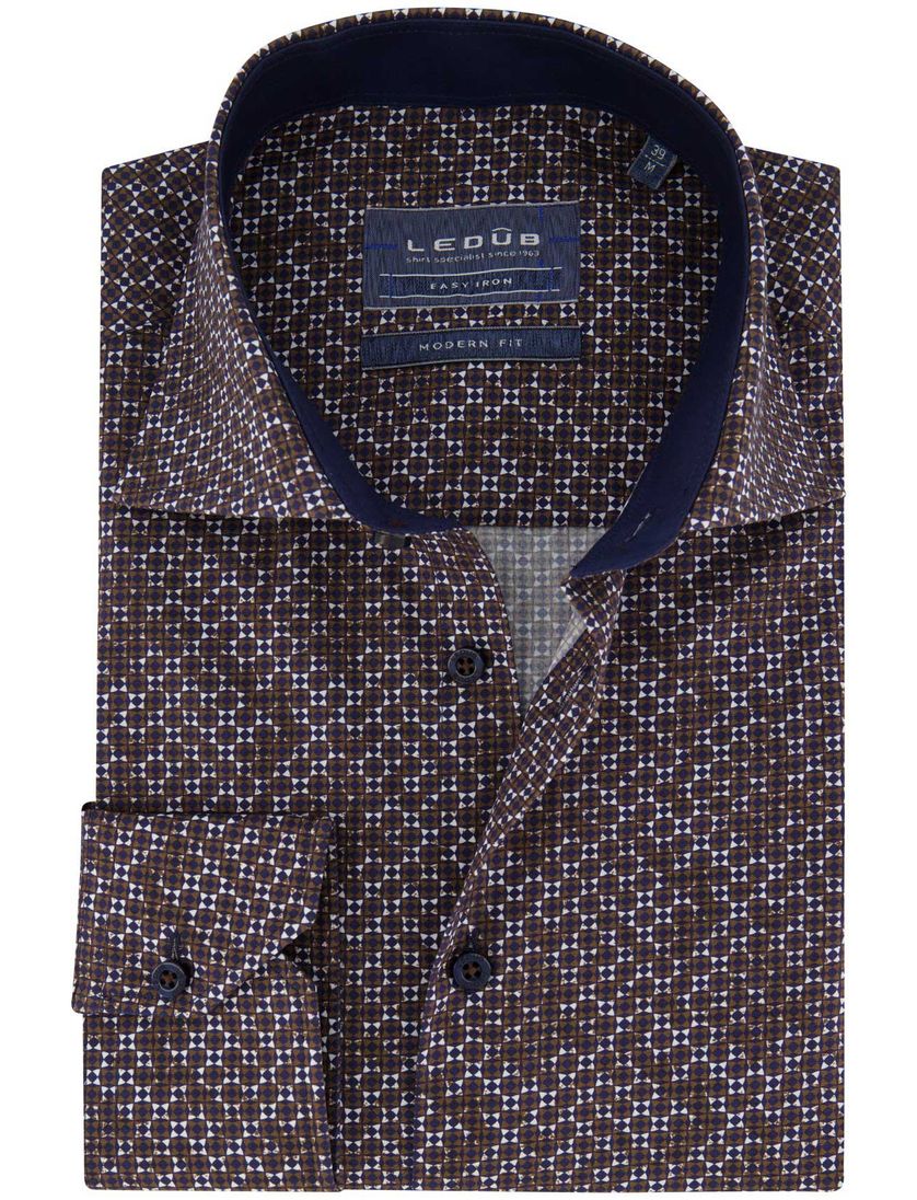 Ledub overhemd bruin blauw geprint modern fit