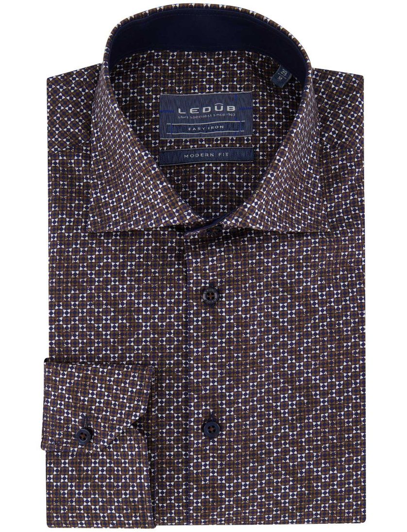 Ledub overhemd bruin blauw geprint modern fit