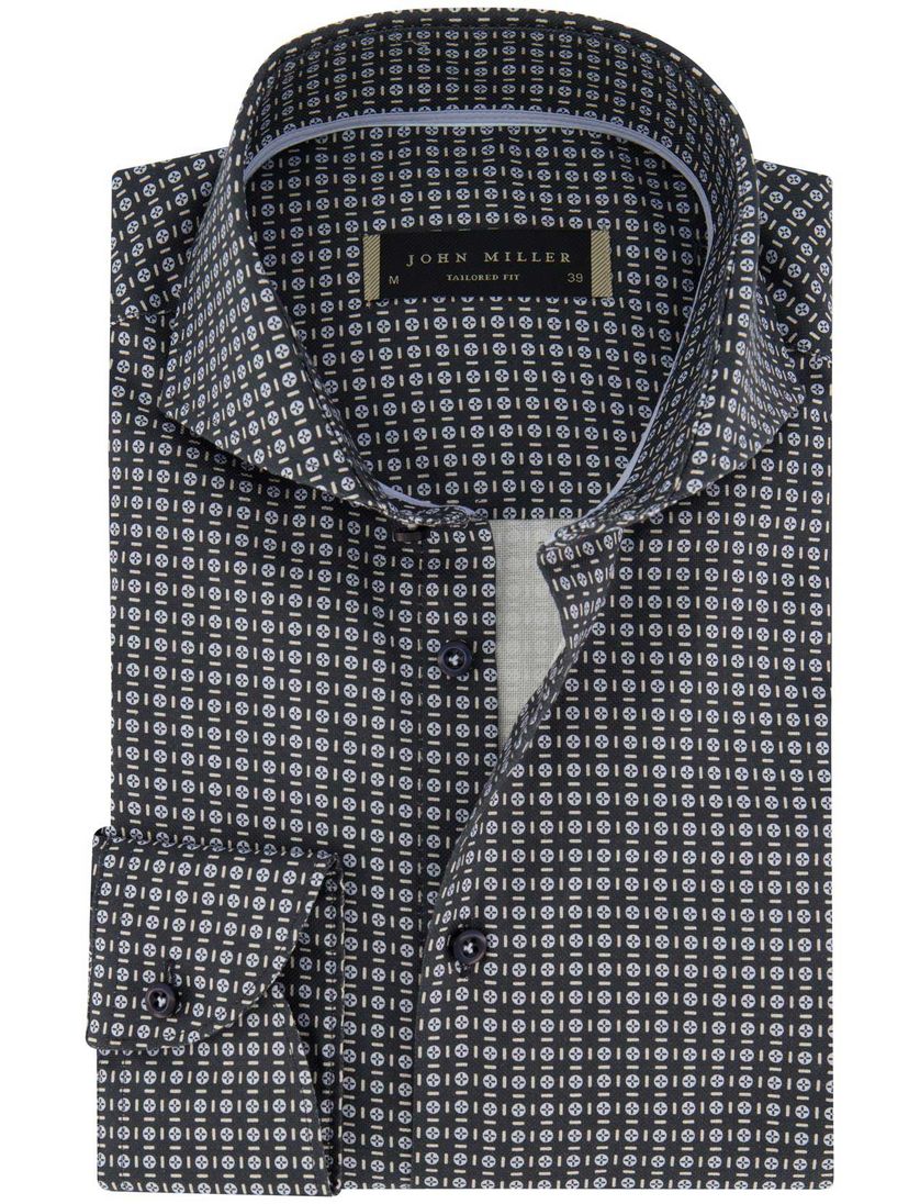 Overhemd John Miller mouwlengte 7 normale fit zwart blauw geprint