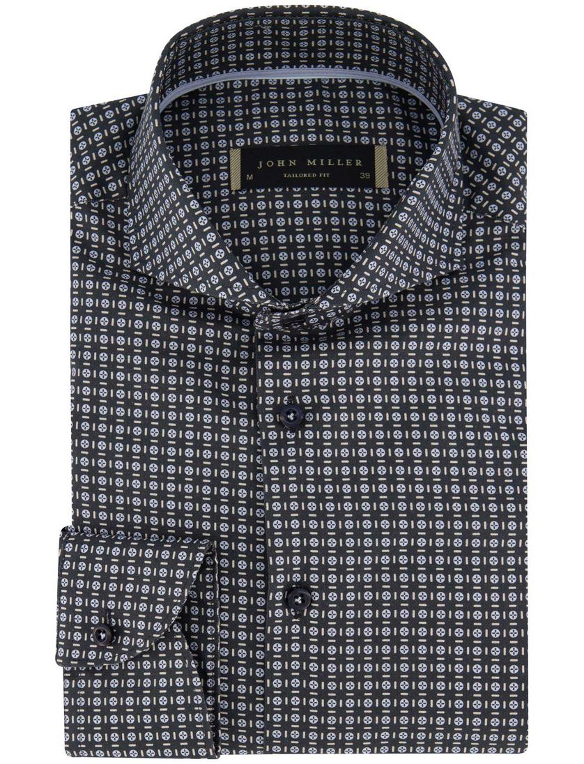 Overhemd John Miller mouwlengte 7 normale fit zwart blauw geprint