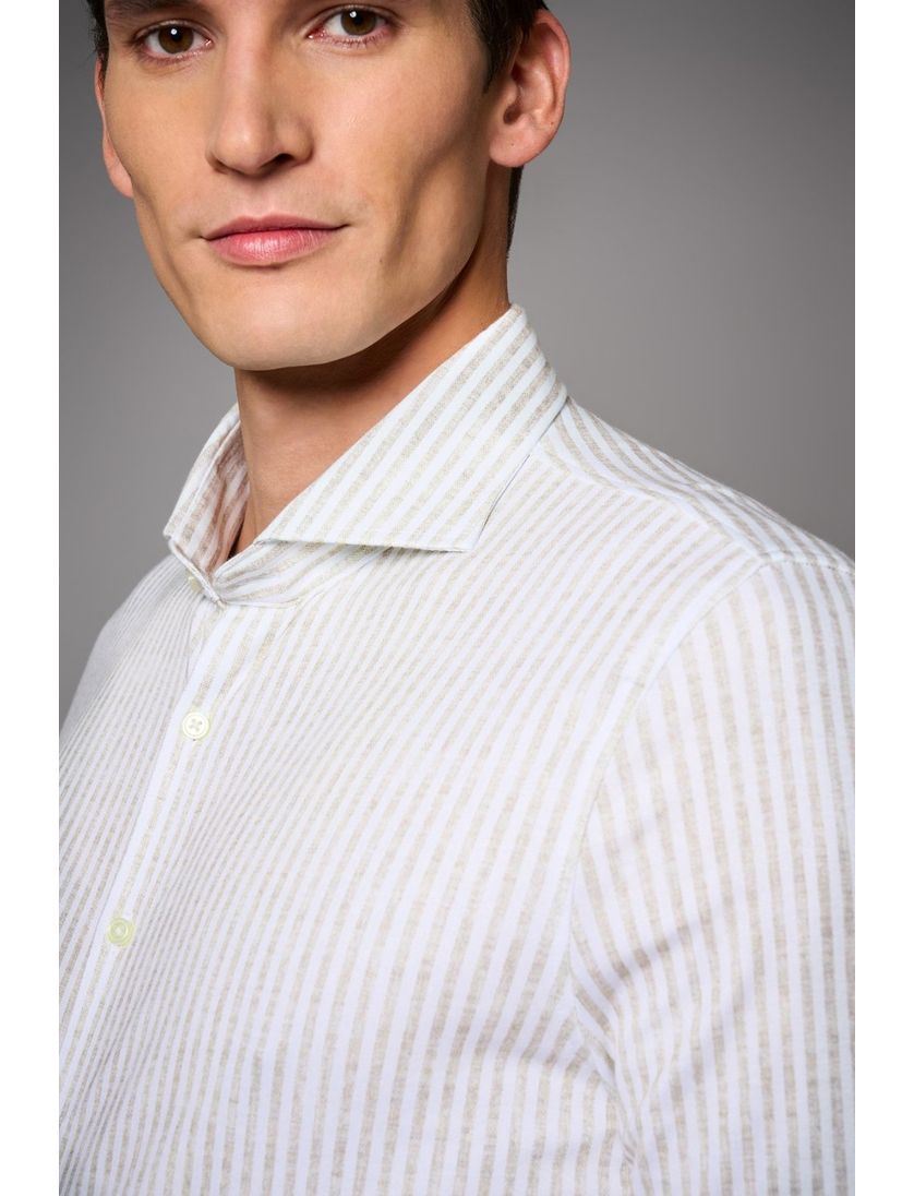 katoenen Desoto overhemd slim fit beige gestreept