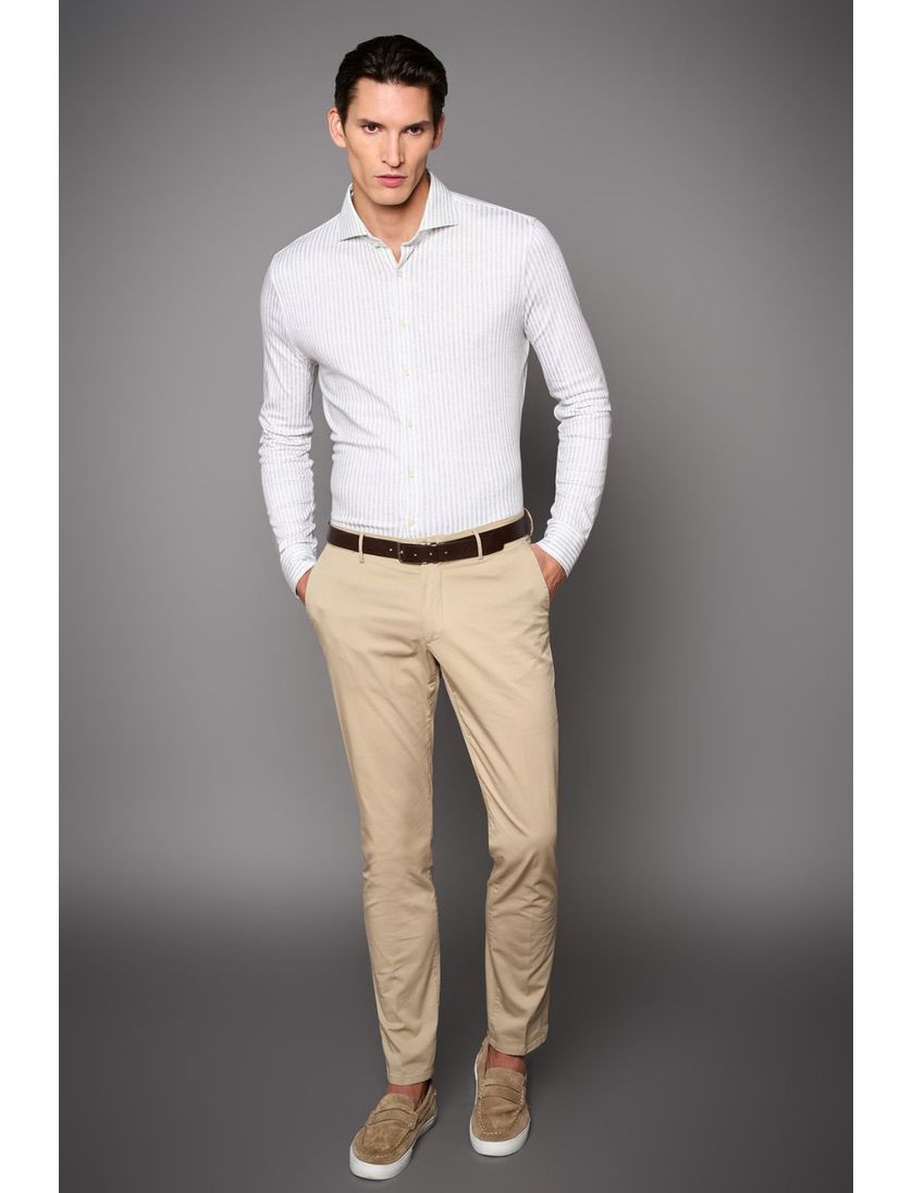 katoenen Desoto overhemd slim fit beige gestreept