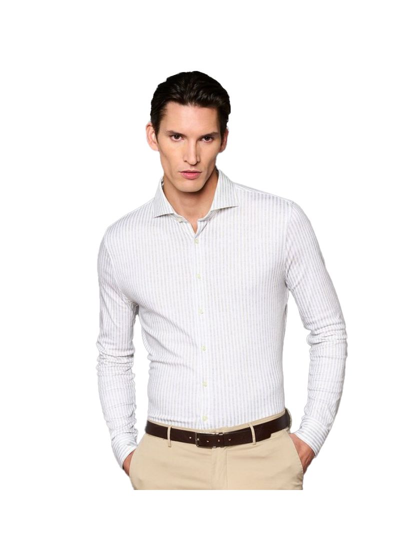 katoenen Desoto overhemd slim fit beige gestreept