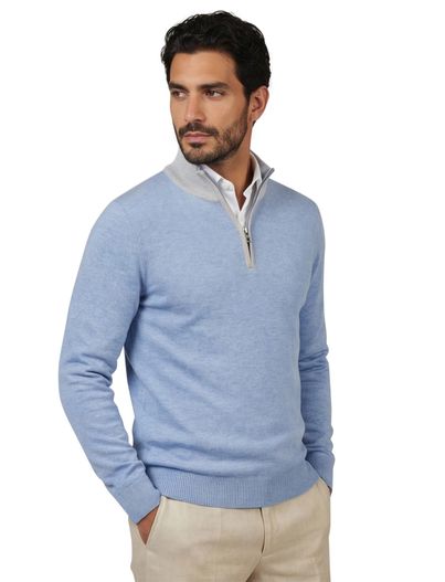 Paul & Shark Paul & Shark trui half zip lichtblauw katoen