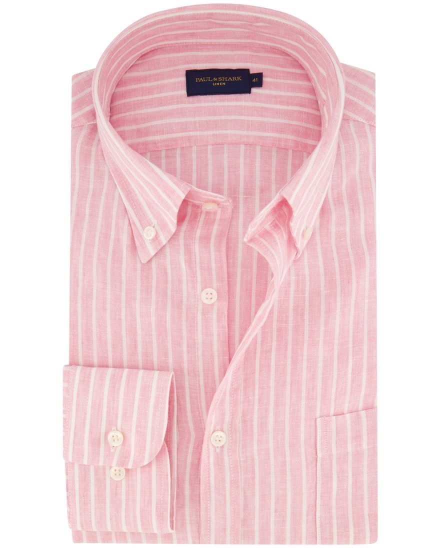 Paul & Shark casual overhemd wijde fit wit lichtroze gestreept linnen