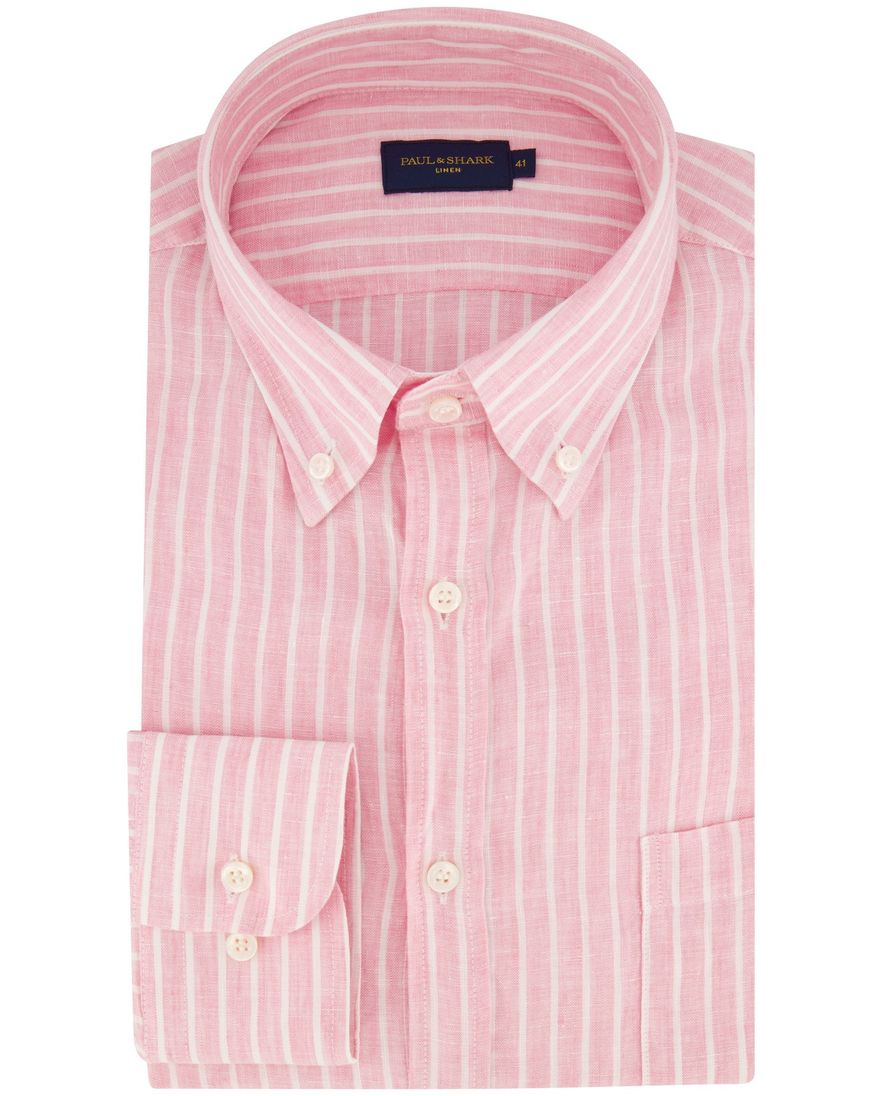 Paul & Shark casual overhemd wijde fit wit lichtroze gestreept linnen